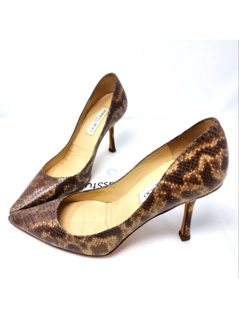 Jimmy Choo Brown Python-Print Pointed Pumps